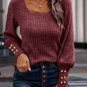 Women's Ribbed Knit Top with Button Accents - Burgundy